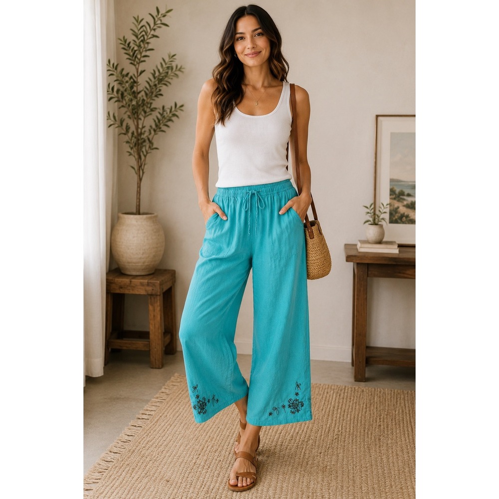 White Stag Lagenlook Linen Rayon Blend Embroidered Wide Leg Crop‎ Pants 18W/20W